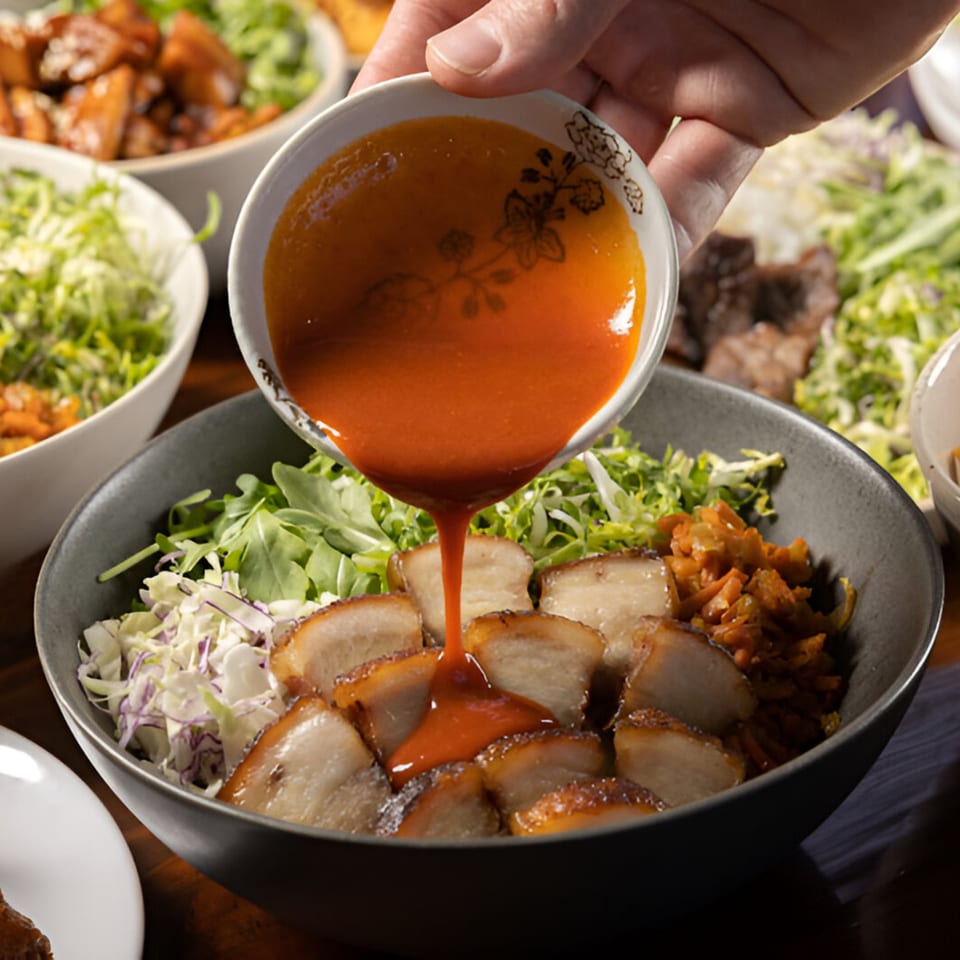 A hand pours orange sauce from a small bowl onto a Korean BBQ pork belly dish with greens.