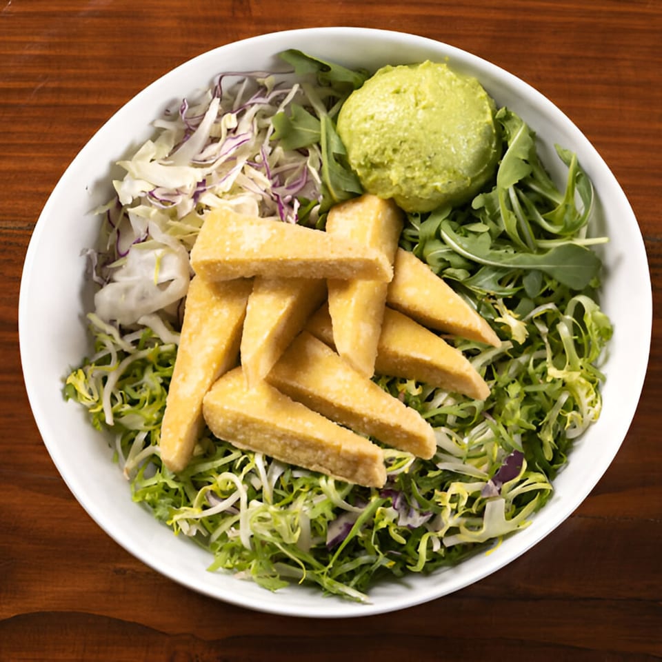 A white bowl of KBG Korean BBQ & Grill salad with avocado, fried tofu, and mixed greens.